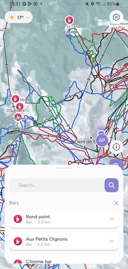 Bars in the area: badges on the map and a list, nearest first